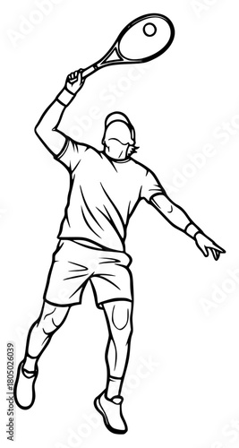 A line drawing of a tennis player serving the ball with a racquet, ball, beat, illustration, man, play, racket, swing, swinge, tennis, tennis player, tennis racket, against transparent background