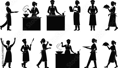 Set of black silhouette icons featuring female chefs, cooks, and servers performing various kitchen and restaurant duties vector graphic.