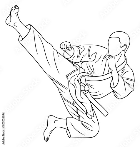 A line drawing of a man practicing karate, striking a kick, art, belt, black, illustration, karate, kick, kimono, man, martial, punch, robe, against transparent background