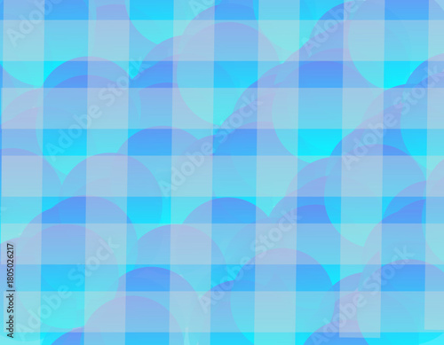 A complex abstract background featuring a seamless pattern of overlapping translucent circles in various shades of blue and purple, overlaid with a bright blue and cyan plaid or grid pattern.