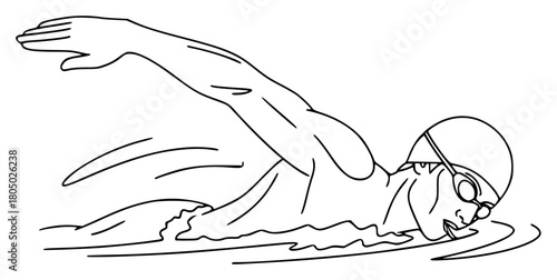 A line drawing of a swimmer in a backstroke position, dive, goggles, illustration, man, person, ride, skate, snowboarder, swim, swimmer, swimwear, trick, against transparent background
