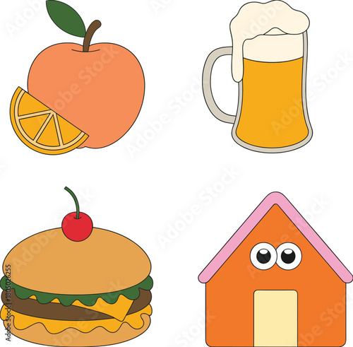 Set of cute cartoon vector stickers featuring fruit, beer mug, cheeseburger, and funny house character with eyes isolated on white.