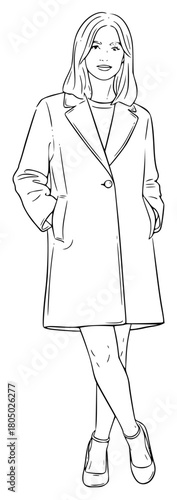 A line drawing of a woman in a long coat, coat, drawing, dress, girl, illustration, jacket, sketch, trench coat, walk, wear, woman, against transparent background