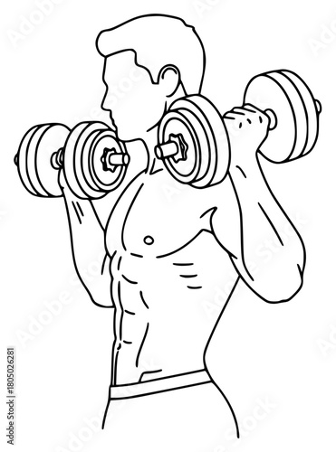A line drawing of a muscular man lifting weights, athletic, barbell, bodybuilder, catch, dumbbell, exercise, illustration, lift, man, muscle, shoulder, weight, against transparent background