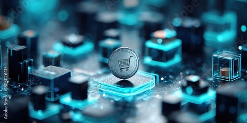 Digital shopping cart icon on futuristic technology background highlighting e-commerce and connectivity