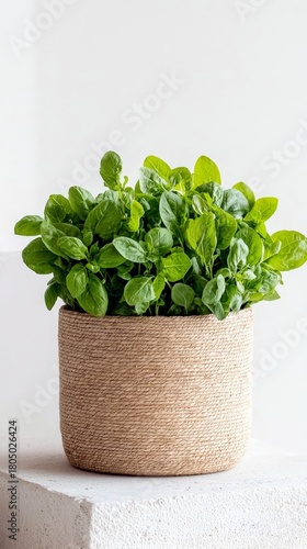 A lush green basil plant is potted in a textured, woven container, set against a clean white background.