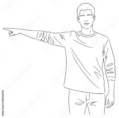A line drawing of a young man pointing towards the viewer, arm, catch, hand, illustration, man, point, side, stand, against transparent background