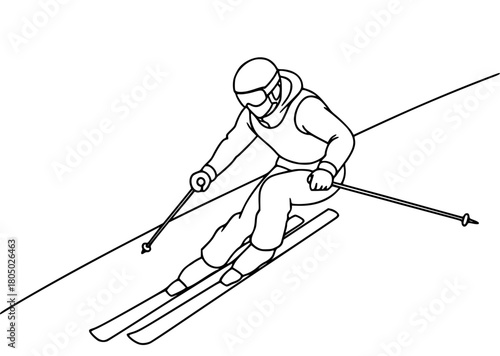 A line drawing of a skier skiing down a snowy mountain slope, goggles, hill, illustration, man, pole, ride, ski, ski slope, skier, slope, against transparent background