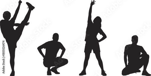 Silhouette vector of diverse athletic poses, stretching and movement illustration for fitness, wellness, exercise, sports, and body awareness themes