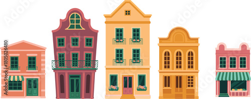 Set of cute colorful european style houses and shops standing together in a row for flat cartoon vector illustration design.