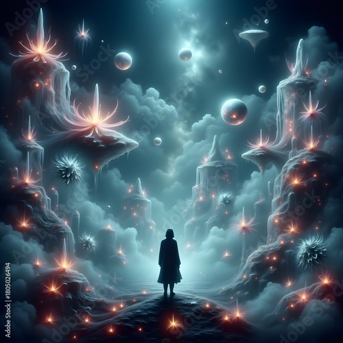 woman standing in surreal fantasy landscape with moons