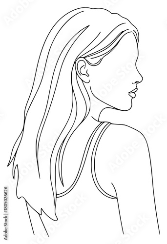 A line drawing of a woman's profile with long hair, beautiful, black, earring, girl, hair, head, illustration, ponytail, portrait, profile, woman, against transparent background