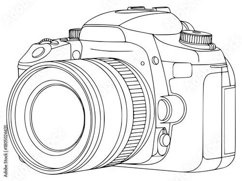 A line drawing of a digital camera with a lens, camera, drawing, film camera, illustration, lens, against transparent background