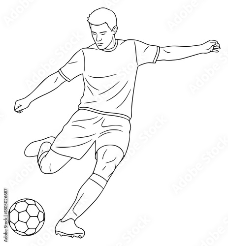 A line drawing of a soccer player kicking a ball, ball, football, football player, illustration, kick, man, play, sports ball, against transparent background