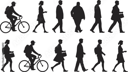 Urban walking and cycling silhouette vector set with diverse commuter poses, pedestrian styles, backpacks, handbags, and mobility themes