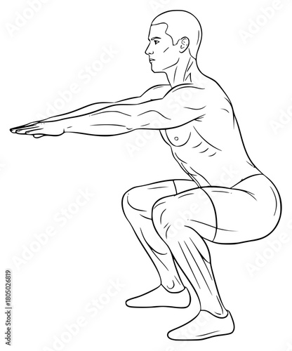 A line drawing of a muscular man performing a squatting exercise, athletic, balance, bend, black, gymnast, illustration, man, muscle, pose, stretch, against transparent background