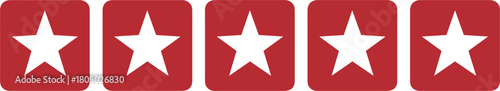 Five white stars on red square backgrounds for rating review feedback