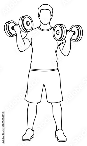 A line drawing of a man lifting weights, athletic, barbell, catch, dumbbell, hand, illustration, lift, man, muscle, weight, against transparent background
