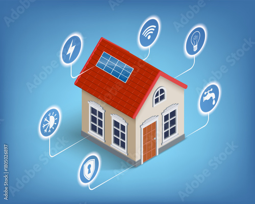 Miniature residential building. Service signs around the house plumbing, electricity, air conditioning, and alarm. Vector illustration.