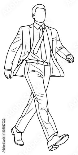 A line drawing of a man walking in formal attire, briefcase, business suit, businessman, drawing, illustration, man, sketch, stroll, suit, tie, walk, against transparent background