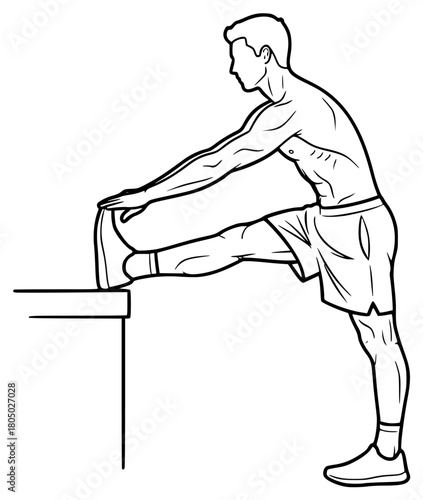A line drawing of a man stretching while sitting on a table, athletic, balance, barrier, bend, hurdle, illustration, kick, man, martial, muscle, stool, stretch, against transparent background