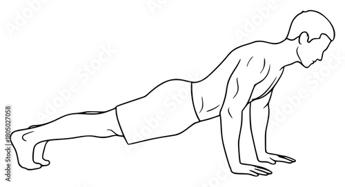 A line drawing of a man performing a push-up exercise, back, bend, exercise, floor, hip, illustration, man, muscle, plank, pose, profile, squat, stretch, against transparent background