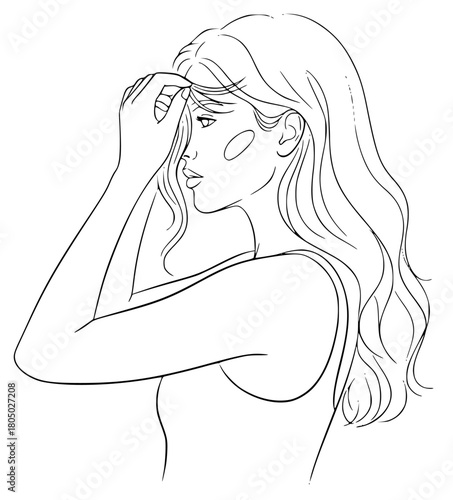 A line drawing of a woman adjusting her hair, arm, beautiful, black, blanket, catch, eye, face, forehead, girl, hair, hand, head, illustration, profile, woman, against transparent background