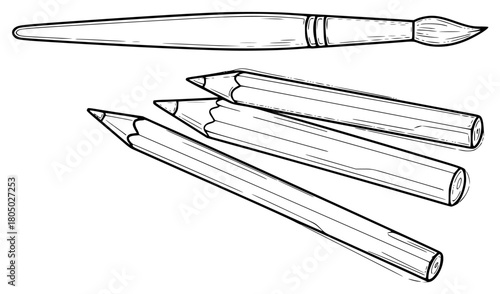 A line drawing of three pencils and a paintbrush, brush, crayon, draw, drawing, eraser, illustration, log, mark, paint brush, pen, pencil, sketch, against transparent background
