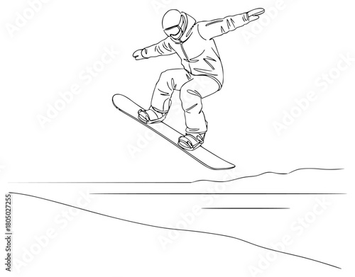 A snowboarder in mid-air, performing a trick on a snowboard, hill, illustration, jump, man, ride, skier, snowboard, snowboarder, trick, against transparent background