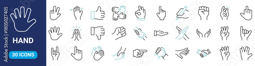 Set of 30 outline icons related to hands. Linear icon collection. Editable stroke. Vector illustration