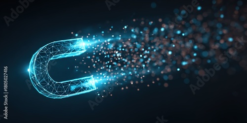Digital magnet attracting particles in a futuristic design with glowing effects in a dark environment