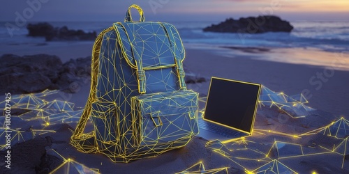 Backpack and laptop illuminated by glowing lines on a beach at sunset