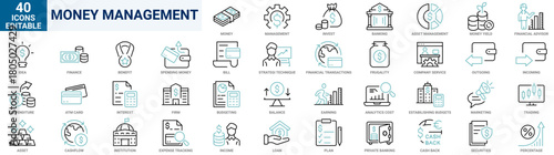 Money Management web line icon set. Containing money management, budgeting, expense, finance, saving, income. Editable Stroke. Vector illustration