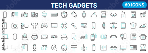 Tech Gadgets web line icons. Phone, tablet, laptop, startup, tv, dron, robot, game controler, vr, headphones, projector, collection. Vector illustration.