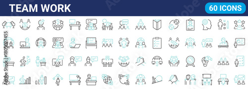 Teamwork training line icons related team, co-workers, cooperation. Linear busines simple symbol collection. vector illustration. Editable stroke