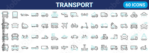 Transport web line icons. Containing car, bike, plane, train, bicycle, motorbike, bus and scooter. Editable stroke. Vector illustration