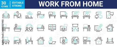 Work from home web line icons. freelance, collaboration, remote work. Vector illustration