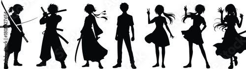Vector silhouette set of seven different anime and manga characters including samurai and modern youth figures illustration design art.