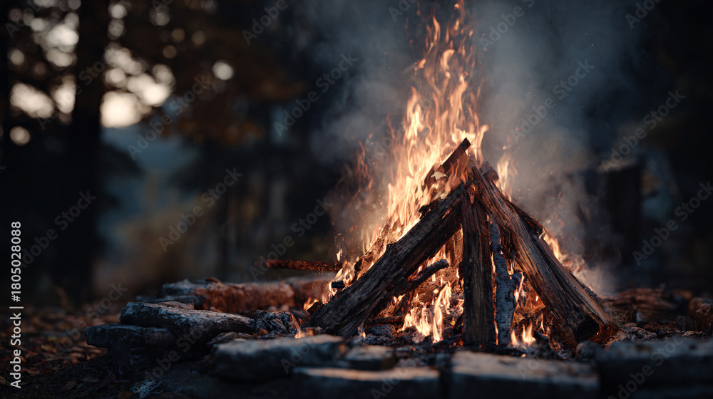 Naklejka premium Large Dramatic Bonfire with Tall Flames Burning Intensely Outdoors at Night