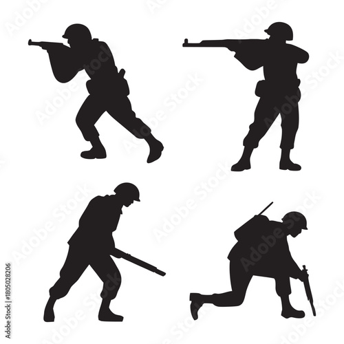 Soldier silhouettes in combat poses showcasing tactical movement and battlefield readiness