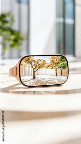 A VR headset sits on a light-colored surface, its screen reflecting a scene of autumn trees bathed in sunlight, casting striped shadows.
