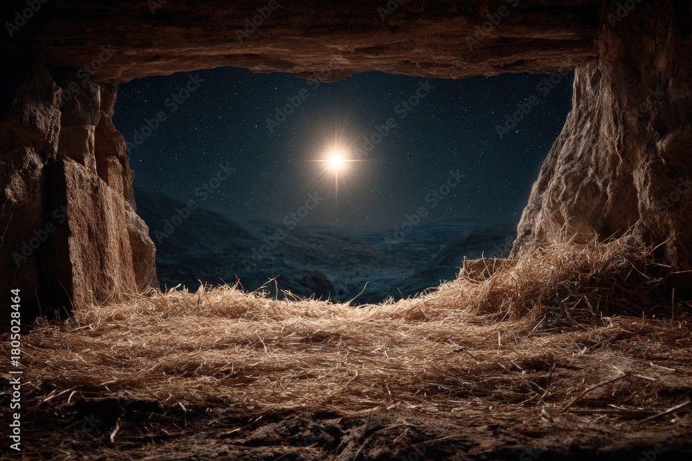 Fototapeta premium Empty Wooden Manger Under Bright Star in Cave Entrance at Night
