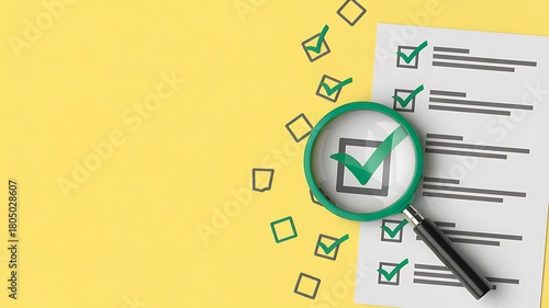 Magnifying glass checking marked checklist for task review and evaluation
