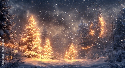 Snowy holiday trees glowing warmly in serene winter wonderland evening picture