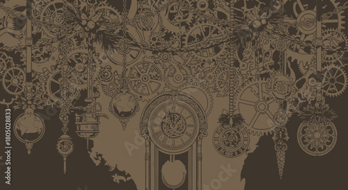 Whimsical steampunk holiday scene featuring intricate gears, antique clock, globe ornaments, and festive holly accents, perfect for creative seasonal designs.