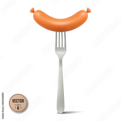 Vector 3d Sausage on Fork, Isolated. Grilled Sausage with Metal Fork. Hot Dog Sausage Food Icon for Menu, Cafe, BBQ, Street Food, Butcher Shop, Oktoberfest, Packaging, Label, Recipe, Cooking