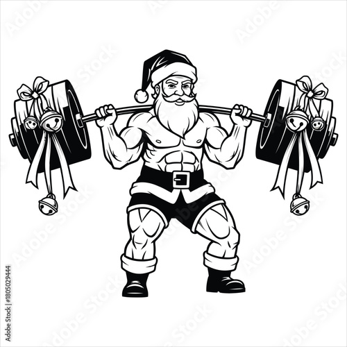 Santa lifting thick barbell wrapped with ribbon and bells in strongman stance with minimal geometric vector style
