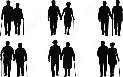 Silhouettes of elderly couples walking with canes, senior people holding hands, retirement age support, aging healthcare and family love illustration