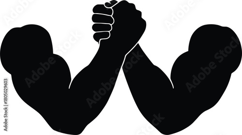 Two Black Silhouettes Arm Wrestling On White Background arms battle
