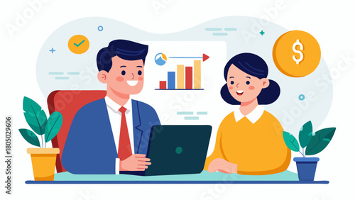 Two happy business professionals collaborating on a laptop with financial charts and a dollar coin symbolizing success